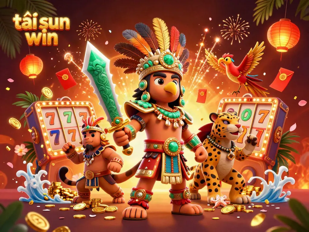 Experience thrilling gameplay with tải sun win, featuring Aztec warriors, slot machines, and vibrant decorations.