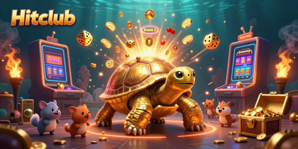 Engage with Hitclub's exciting games amid a lively casino scene bursting with colorful elements.