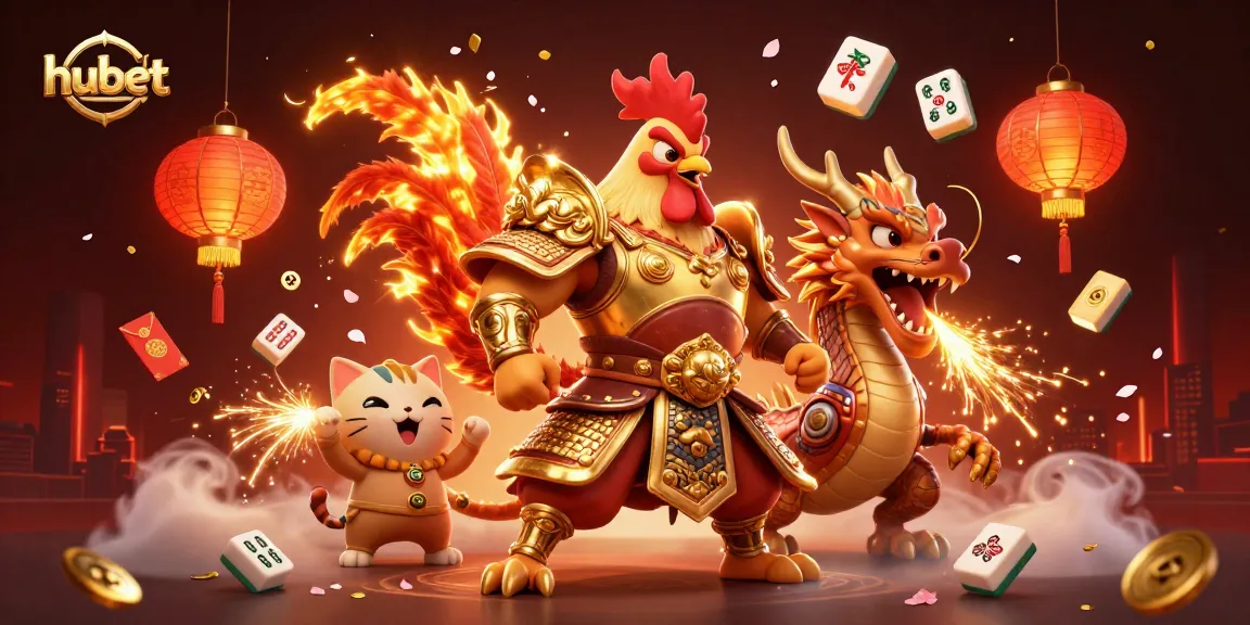 Join the gaming excitement at hubet with vibrant casino elements surrounding a warrior rooster and dragon hatchling.