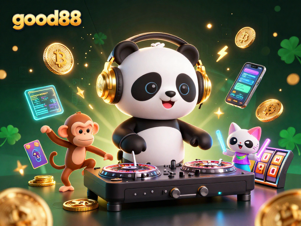 Engage with exciting games at good88 featuring a DJ panda, dancing monkey, and neon elements.