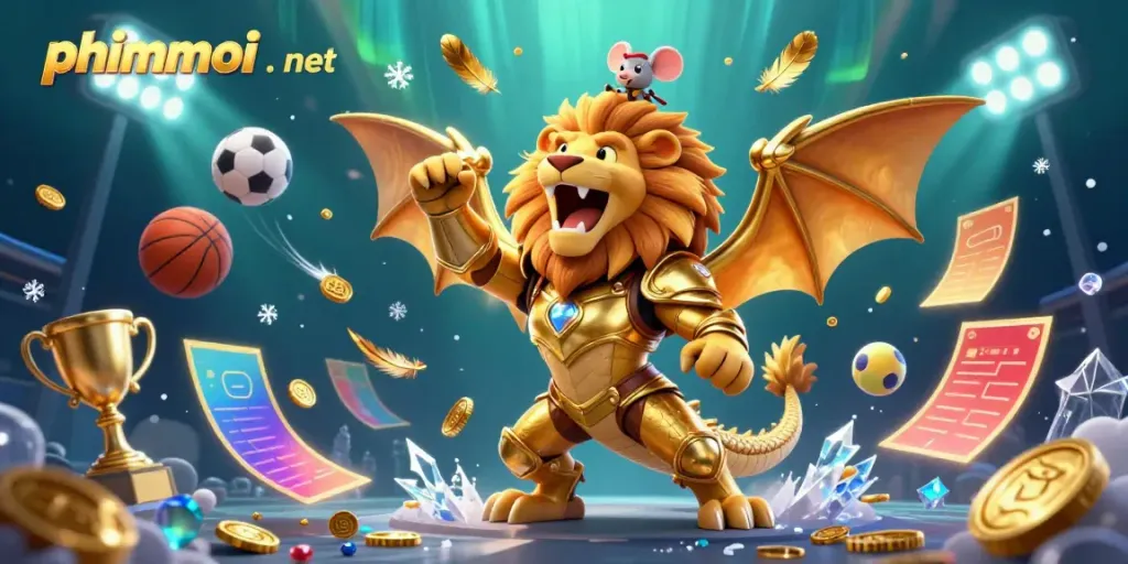 Engage with phimmoi . net in an exhilarating 3D scene featuring a chimera creature and dynamic sports elements.