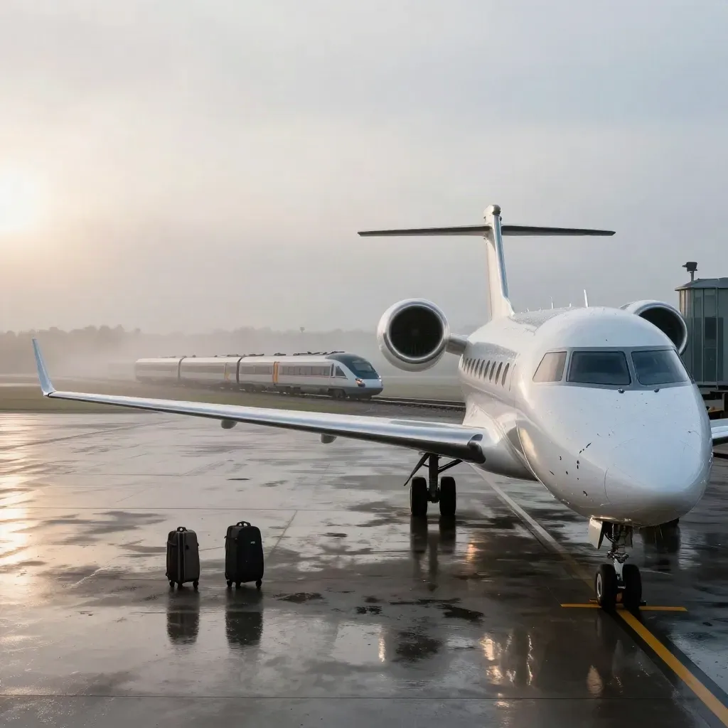 Leeg Schiphol vertrekpunt met jet, trein, nat beton en koffers in ochtendlucht