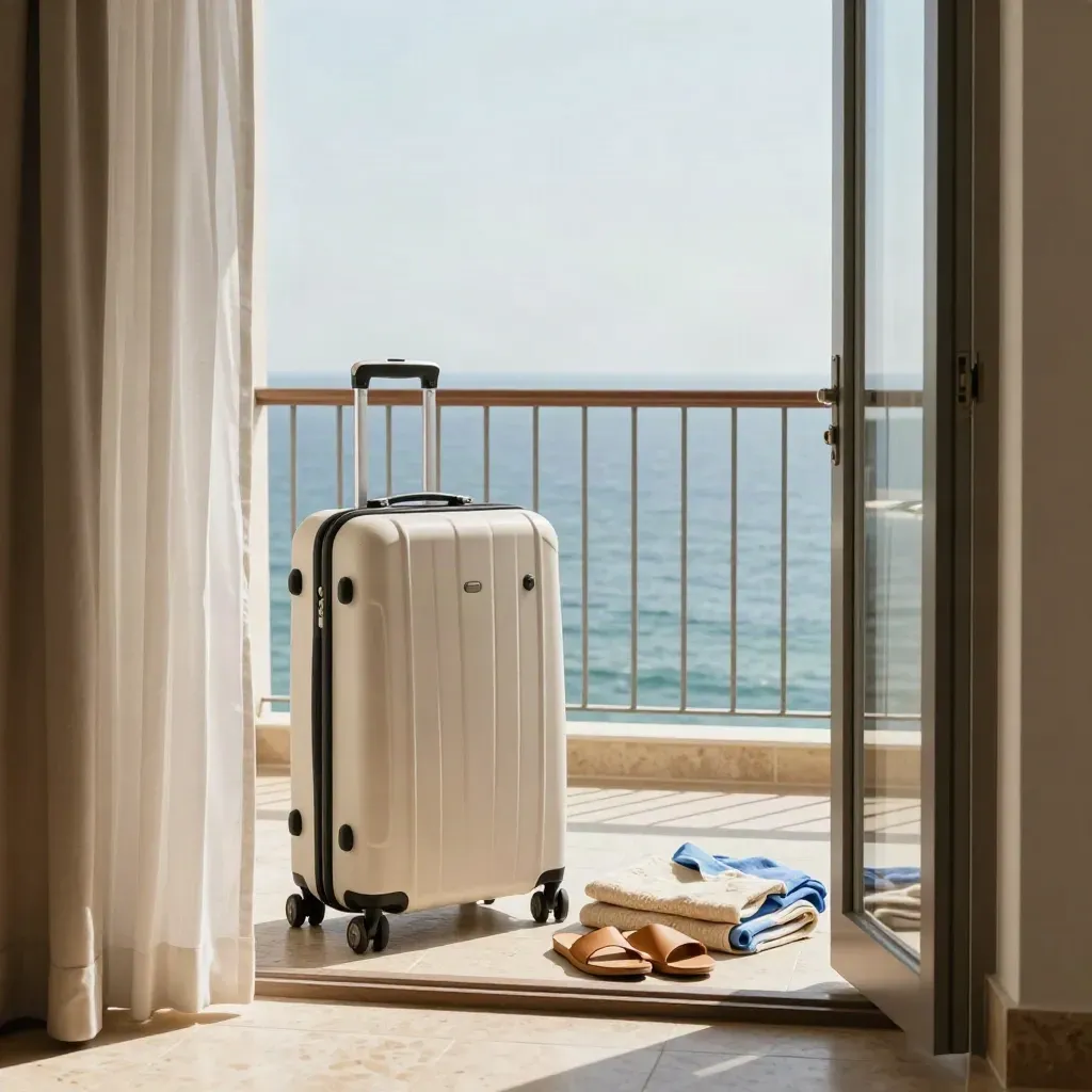 Open hotelbalkon met koffer, linnenset en sandalen, uitzicht op zee bij vertrek.