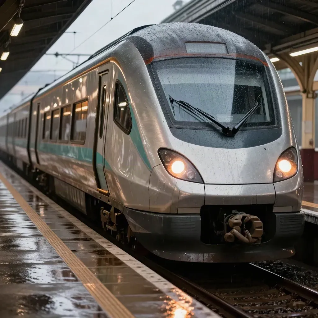 Intercitytrein rolt onder stationskap in, met natte rails, amber licht en turquoise accent.
