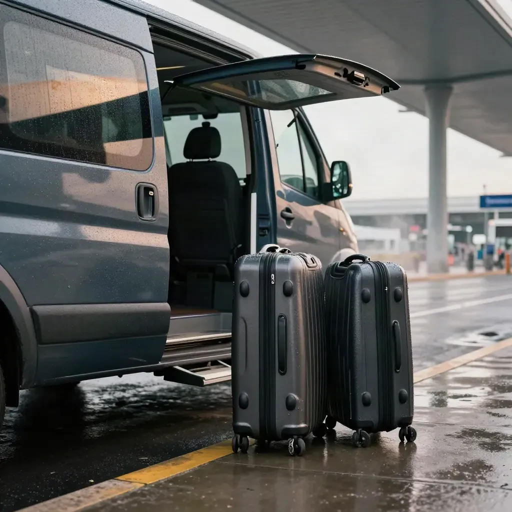 Donkere airport-shuttle met open bagageruimte, twee koffers en natte stoep in de regen