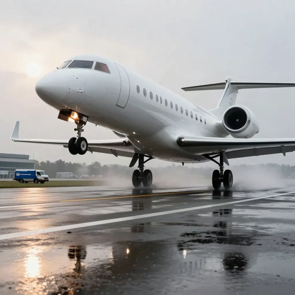 Witte regionale jet stijgt op boven een natte startbaan met mist en reflecties.