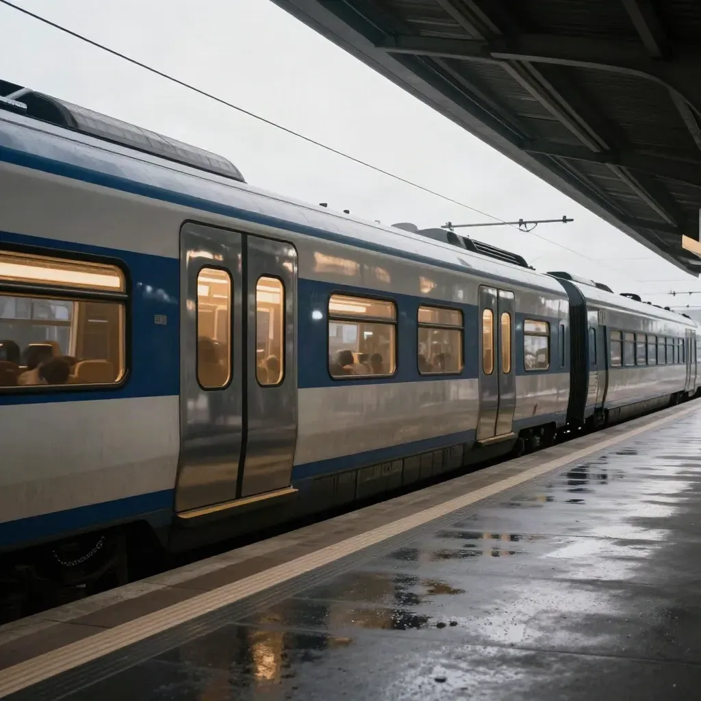 Lege intercitytrein glijdt Brussel binnen onder een grijze stationskap met nat perron.
