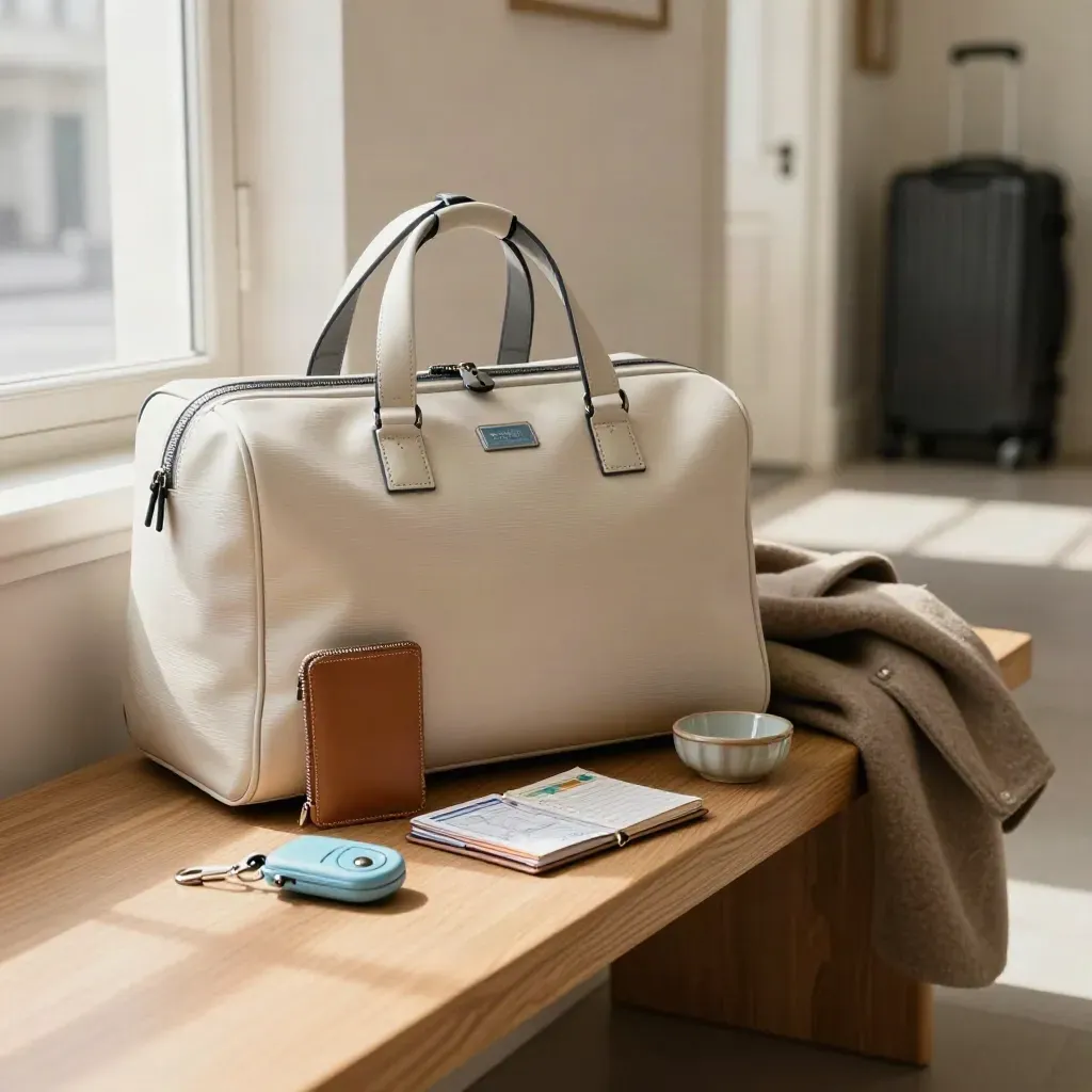 Een ingepakte carry-on met route-etui en transfersleutel in een lichte entreehal.