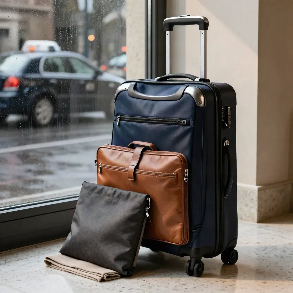 Koffer en laptoptas bij hotelruit met reflectie van taxi in ochtendlicht