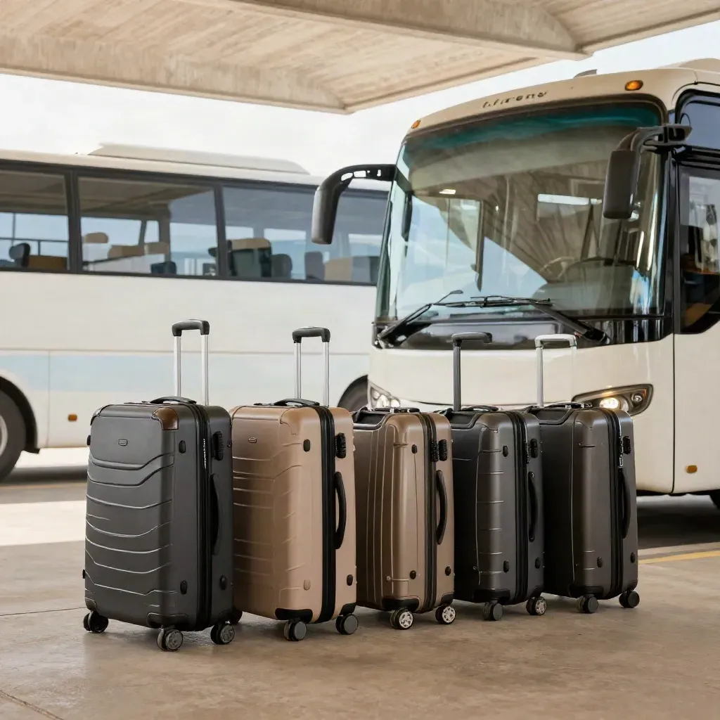 Vier compacte koffers bij een transferbus onder een lichte kustoverkapping, klaar voor vertrek.