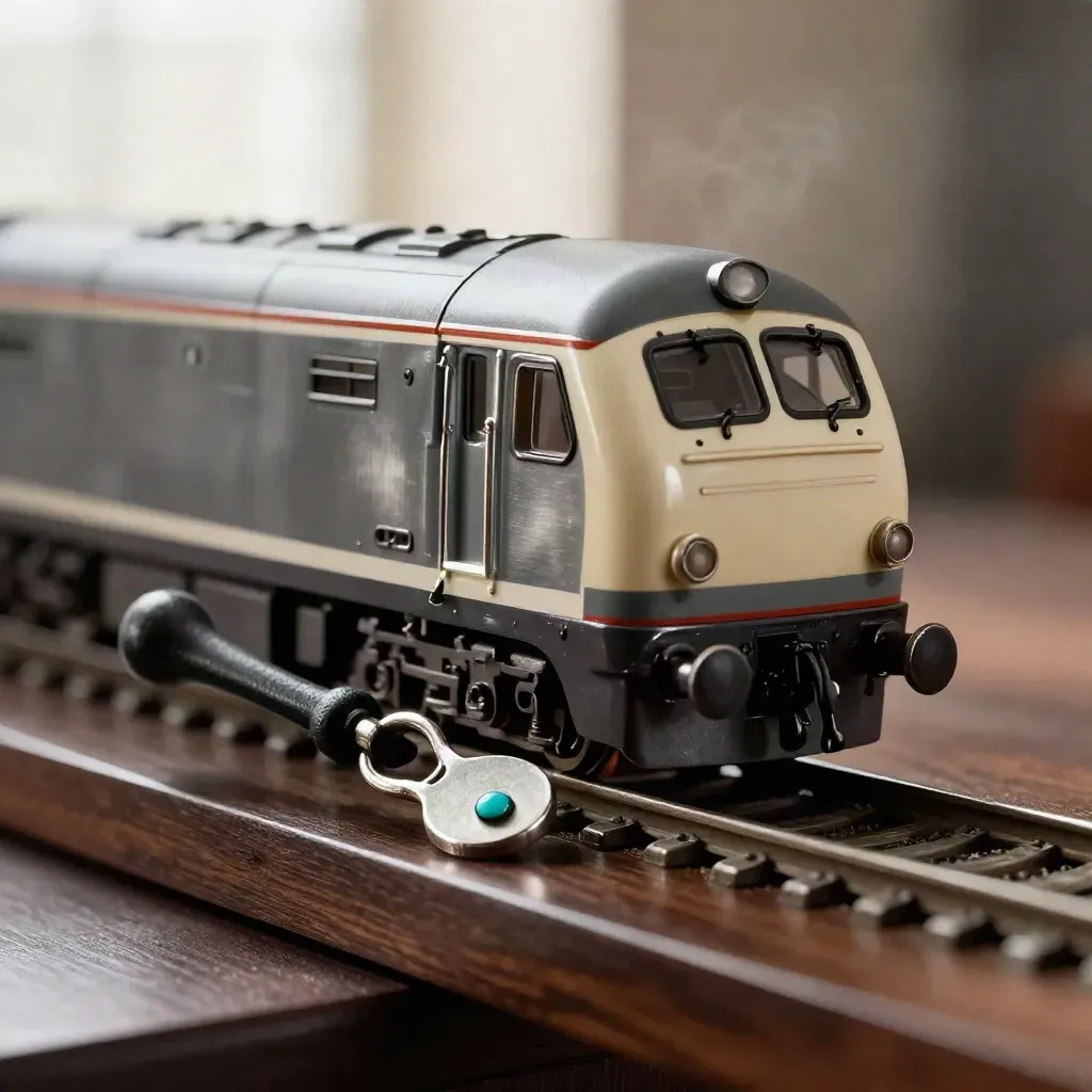 Miniatuurintercity, railwissel en route-token op een treinplannerstafel in dramatisch licht