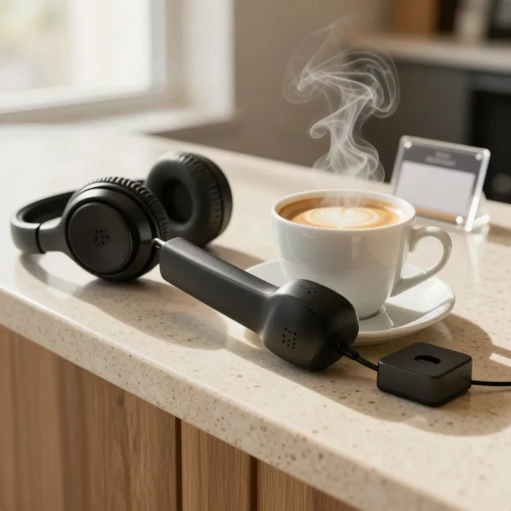 Espressokop, telefoonhoorn en koptelefoon op een travertinen balie met ochtendlijke stoom.