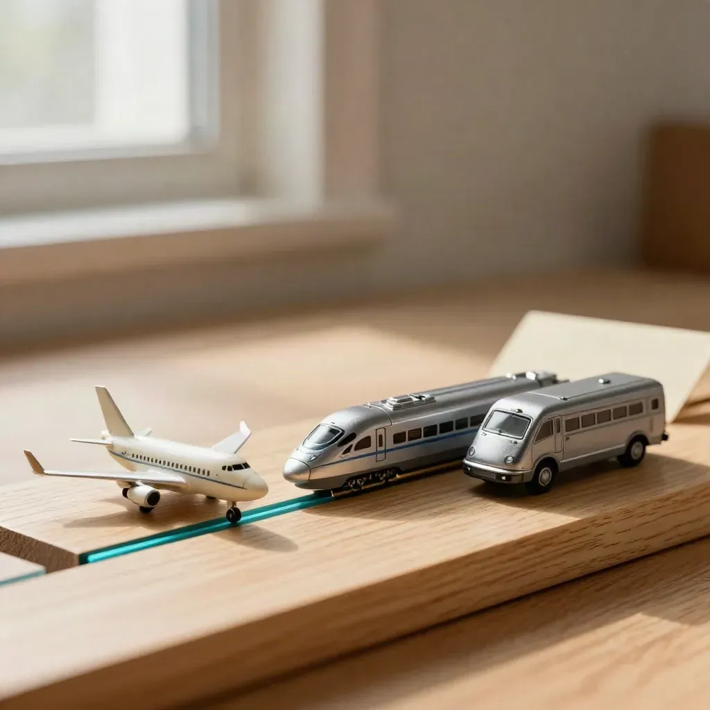 Drie miniatuur reisiconen op eiken plank: vliegtuig, trein en shuttleauto in zacht daglicht.