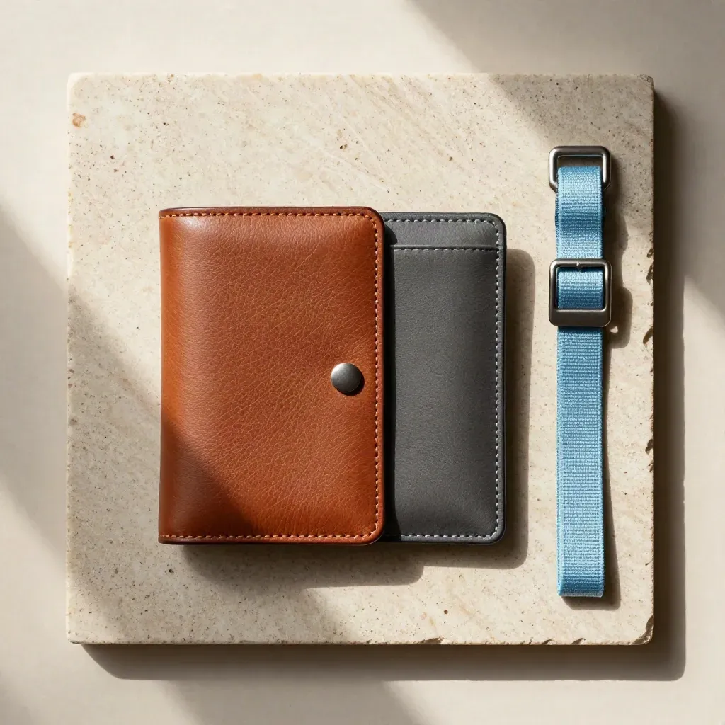 Leren reiswallet, sleutelmapje en bagagestrap op warme steen, van boven gefotografeerd.