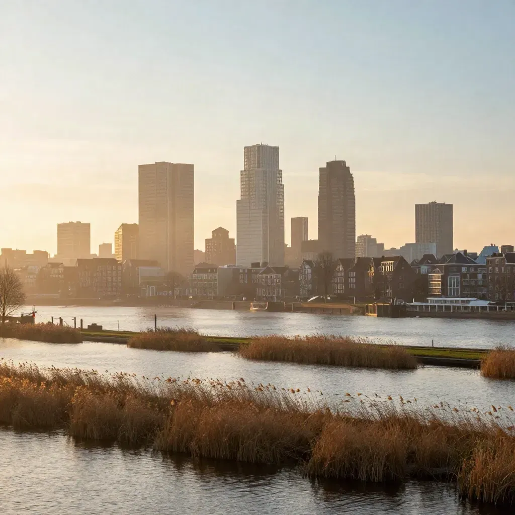 Randstad bij gouden uur met water, mist en skyline hoog in beeld