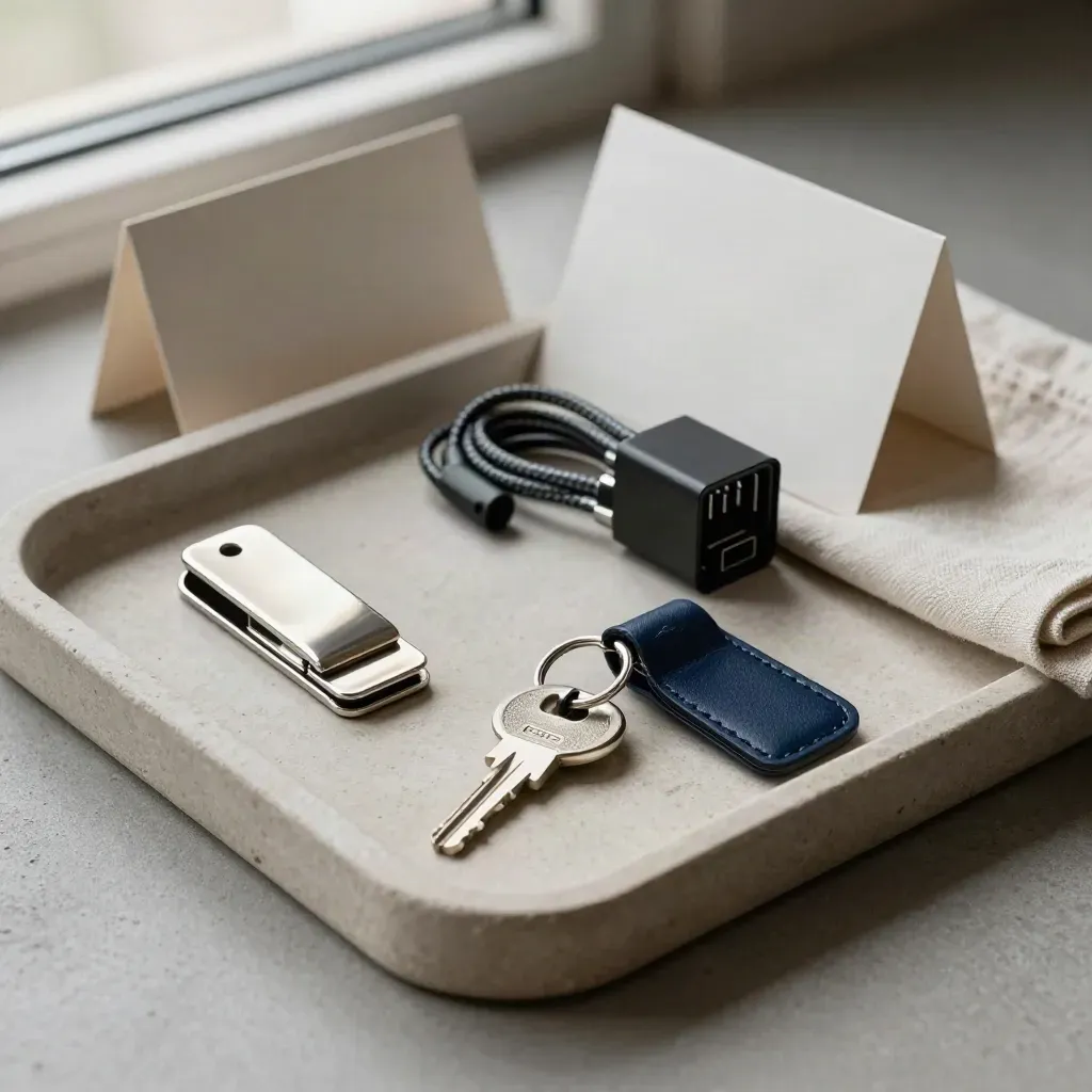 Vertrektray met clip, oplader en sleutelring op steen in zacht daglicht.