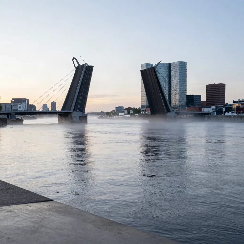 Erasmusbrug hoog boven de Maas in blauw uur met mist en stille skyline van Zuid-Holland