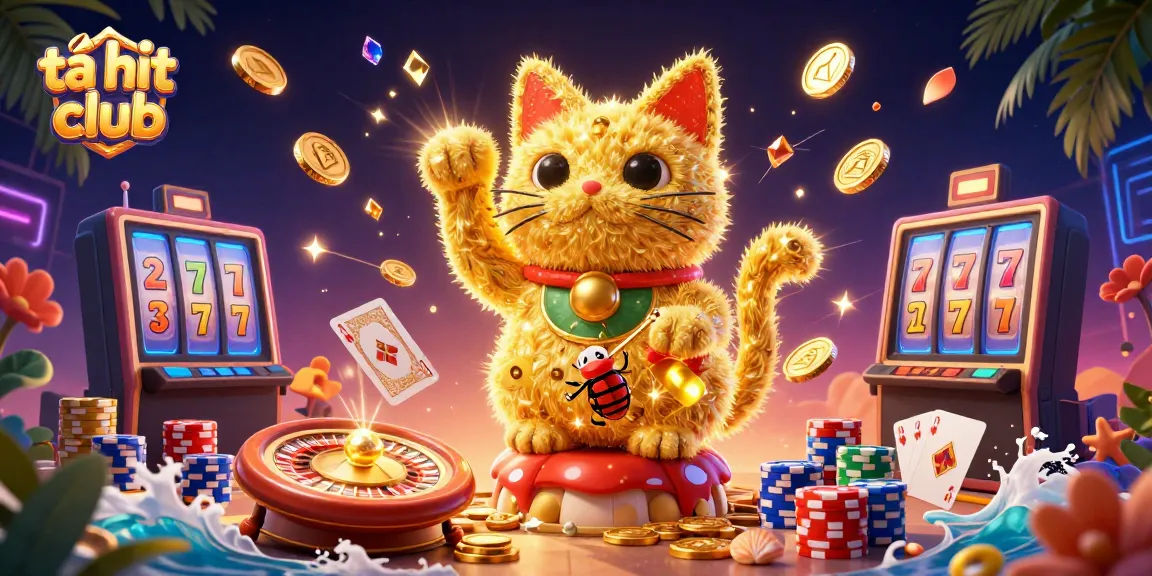 Experience the excitement of tải hit club with this vibrant 3D casino illustration featuring a lucky cat and gaming symbols.