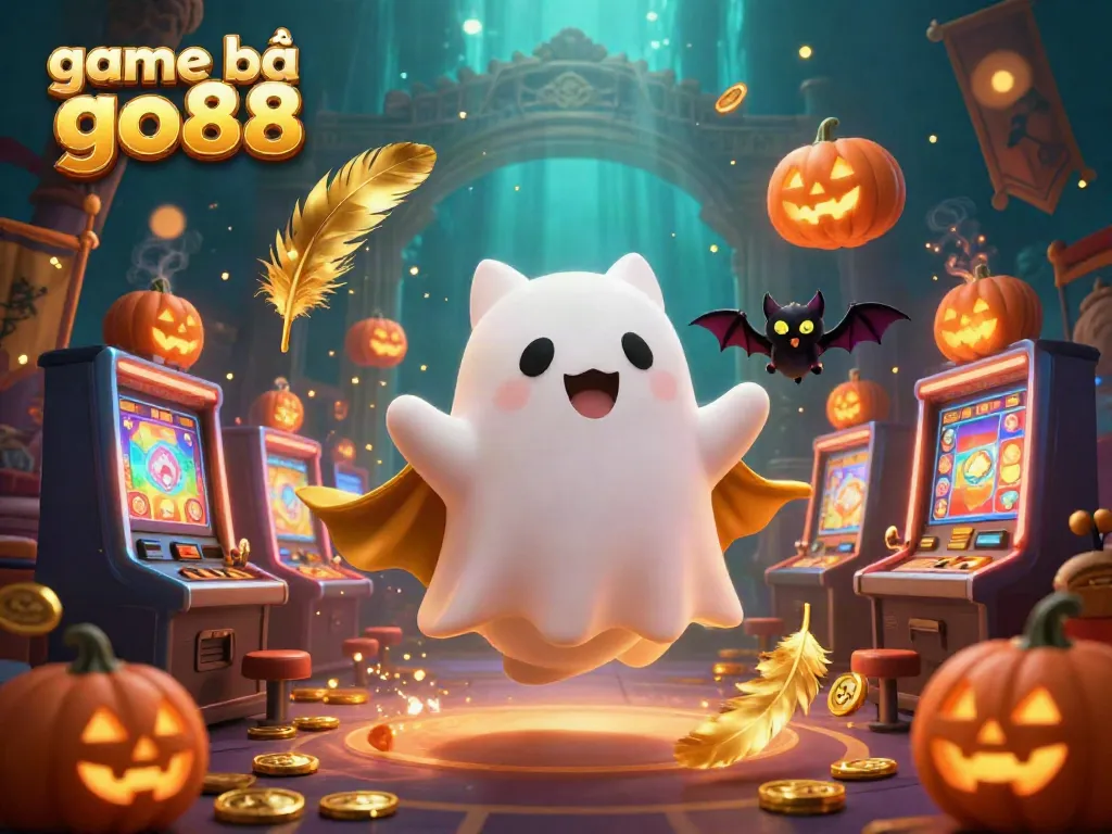 Engage in exhilarating gaming at game bài go88 with a ghost cat and vampire bat in an enchanting casino.