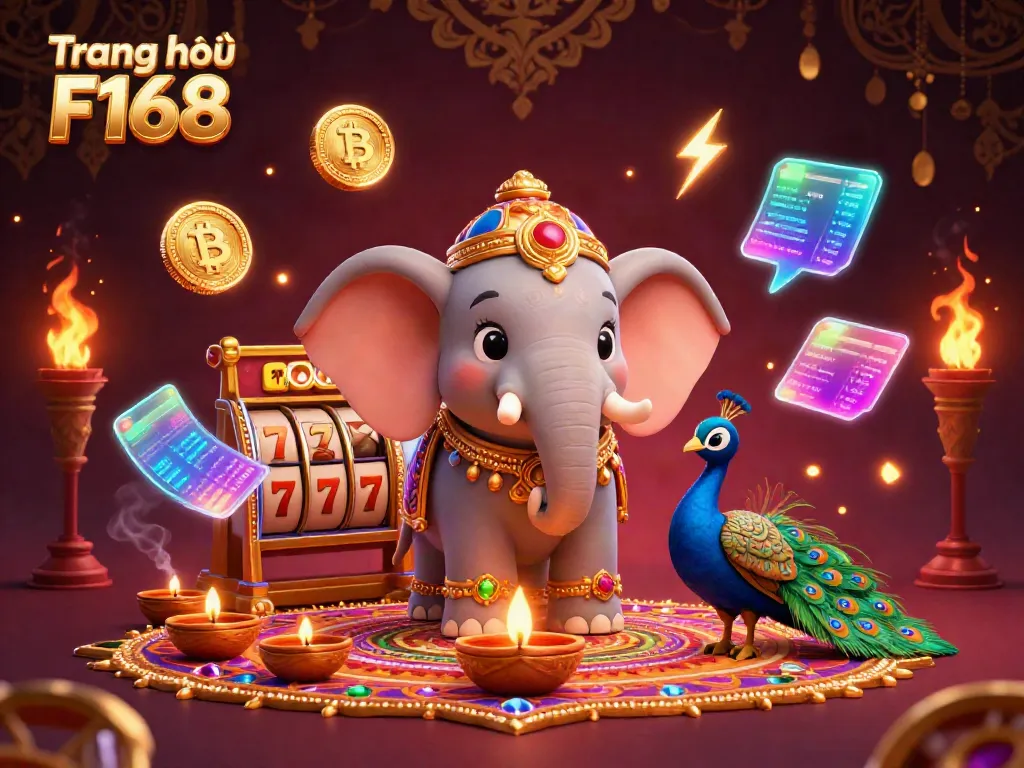 Experience thrilling gameplay at Trang chủ F168 with a colorful 3D illustration of a Diwali-themed elephant surrounded by casino elements.