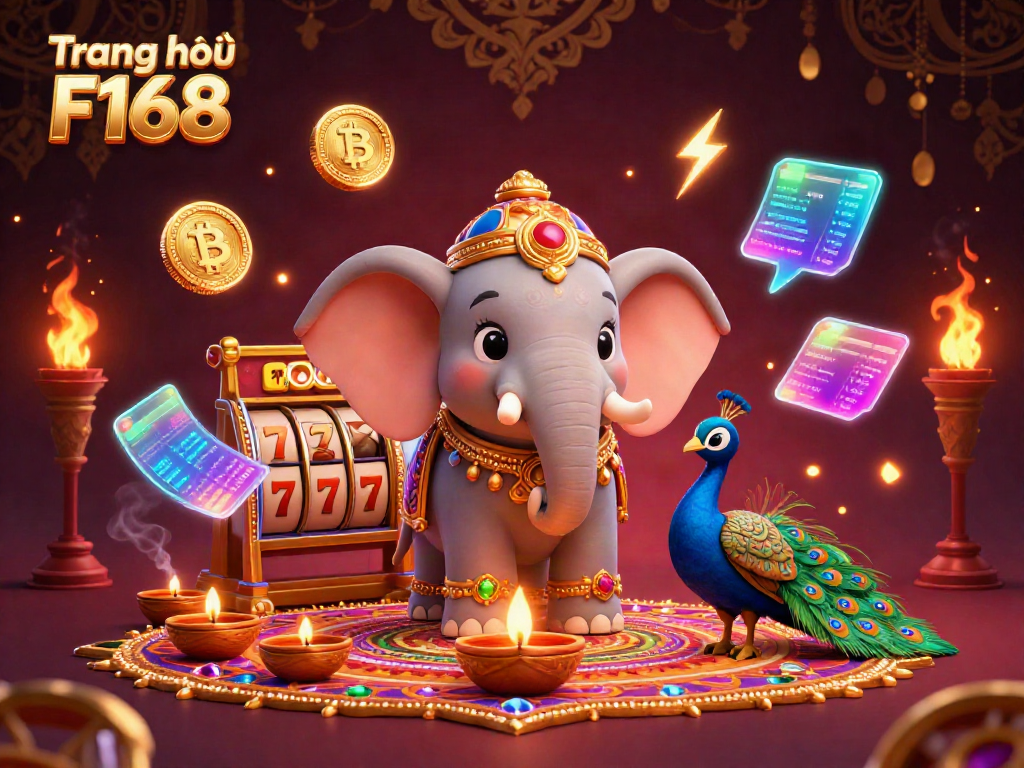 Experience thrilling gameplay at Trang chủ F168 with a colorful 3D illustration of a Diwali-themed elephant surrounded by casino elements.