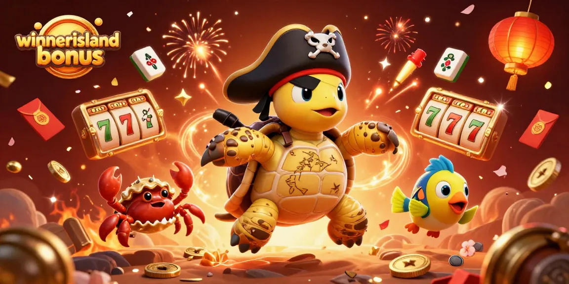 Win big with the winnerisland bonus featuring a pirate turtle surrounded by slot elements.