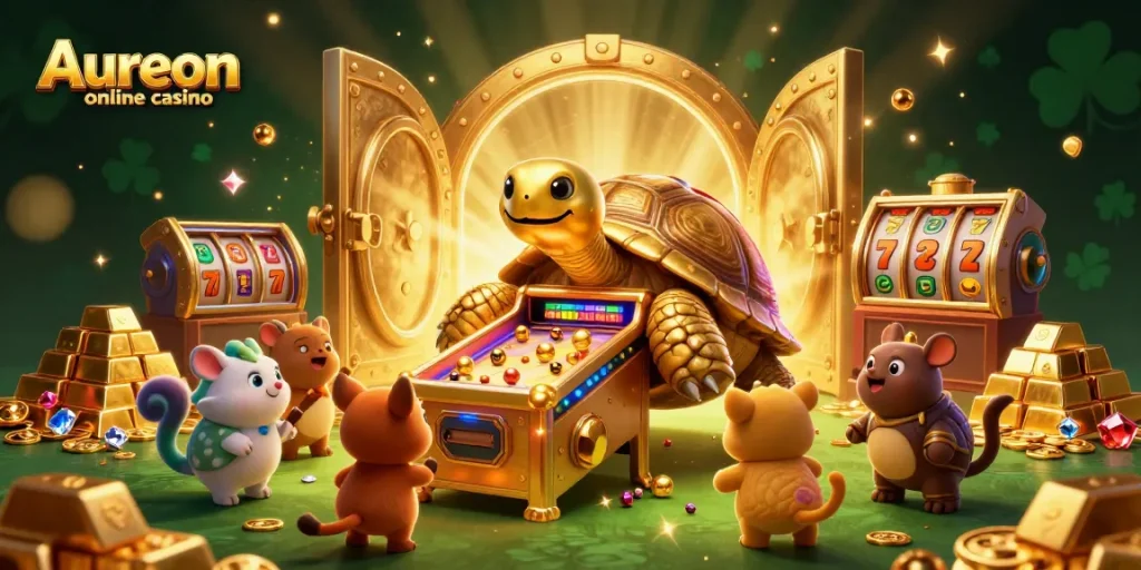 Aureon online casino features an exciting 3D scene with a golden tortoise and vibrant treasures, showcasing thrilling gameplay.