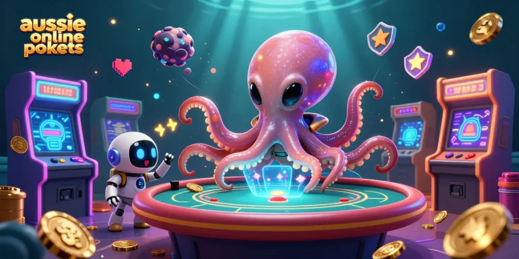 Aussie online pokies scene with a colorful alien octopus playing poker, surrounded by game machines and cosmic poker chips.